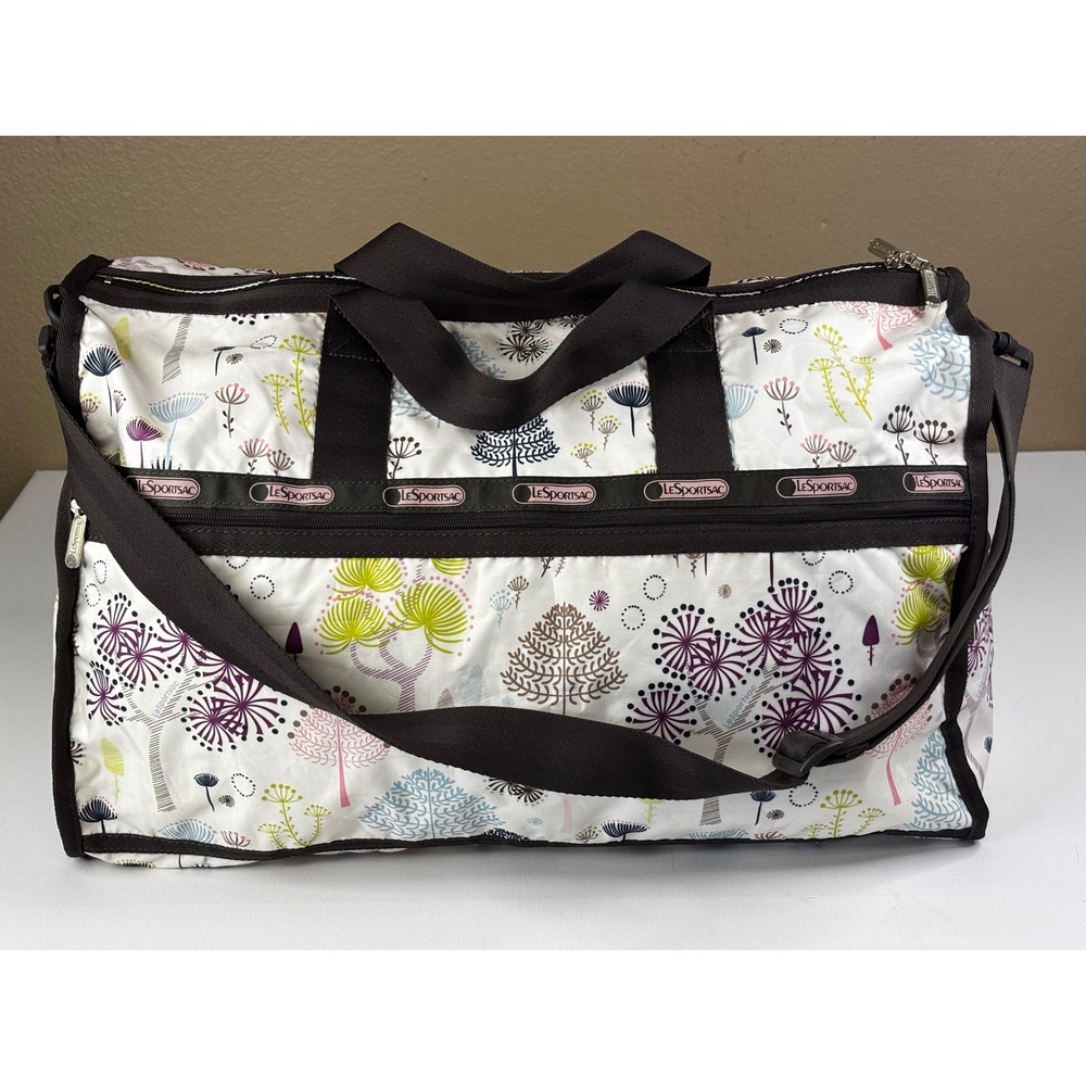 LeSportsac Large Weekender Duffle Bag White Floral Tree Print Nylon Travel Tote